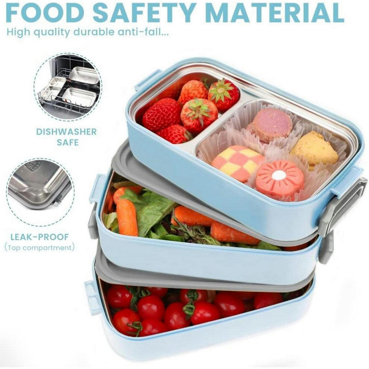 BENTO Box Edelstahl 1700 ml Blau mit Besteckset - Blau, Metall (11.5/16/19.5cm)