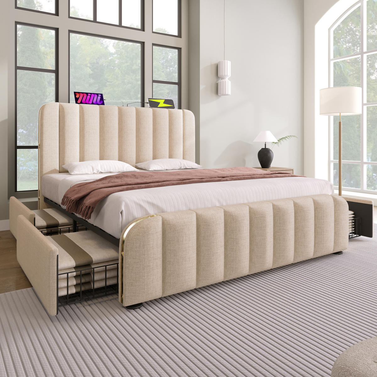 POLSTERBETT mit Matratze USB/Typ-C 140x200 cm Beige Leinen 4 Schubladen - Beige, Metall (140/200cm) - Meubliv
