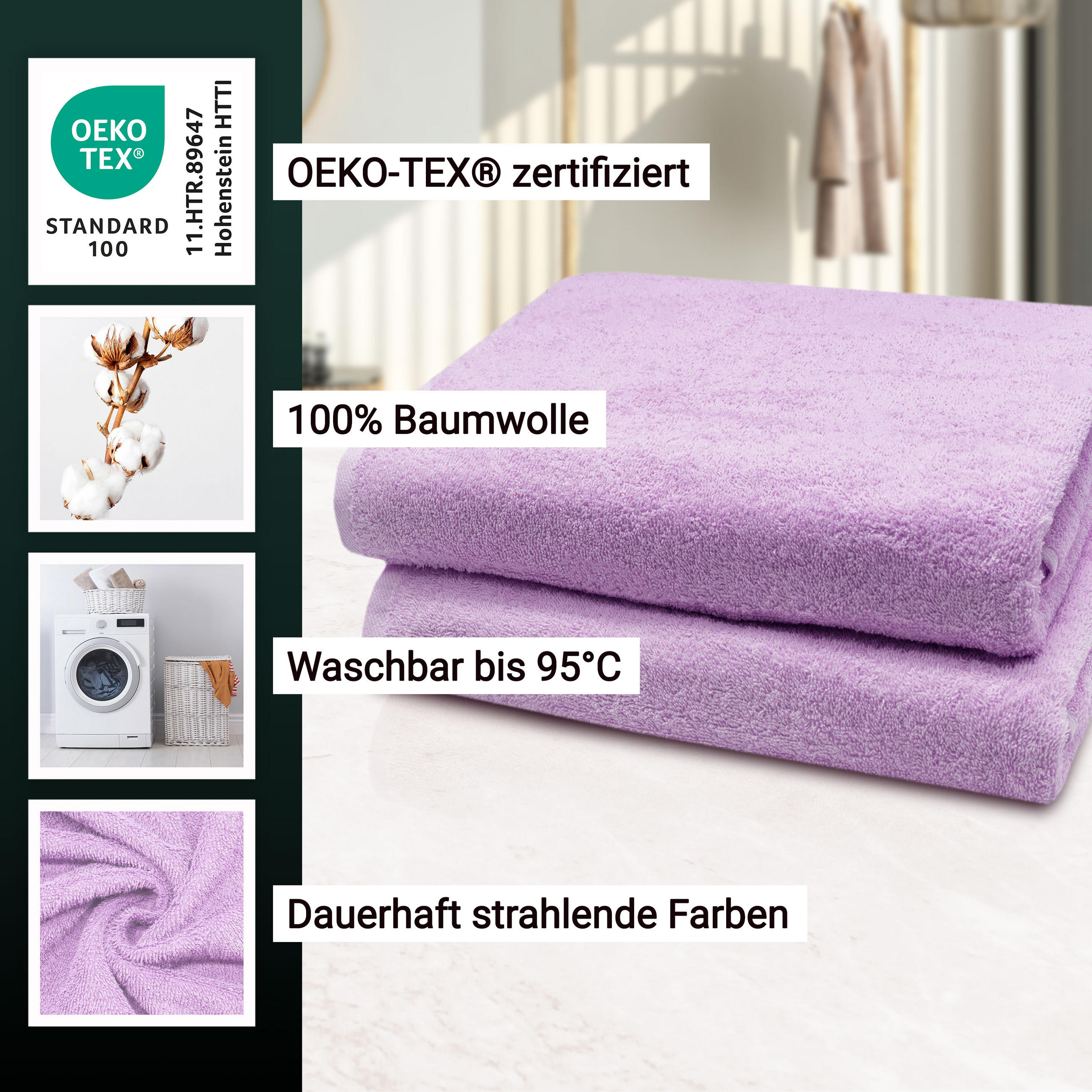 Thumbnail - Zollner Badetuch,, Flieder, Textil, 100x150 cm, Oeko-Tex® Standard 100, Badtextilien, Badetücher