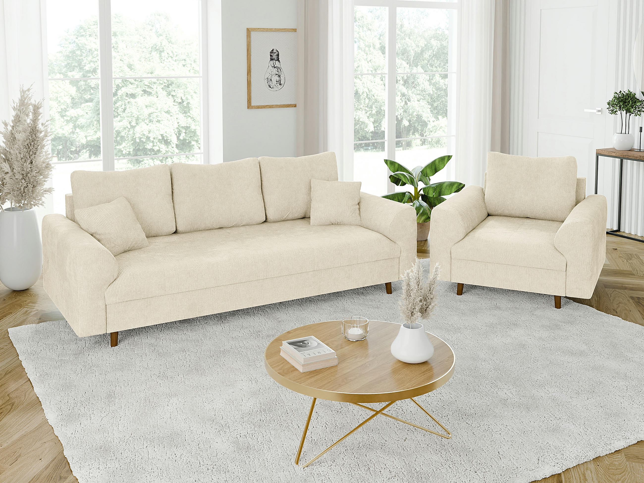 SITZGARNITUR 3+1 Sigurd Beige Chenille - Beige/Braun, Holz/Textil (210/81/93cm) - S-Style Möbel