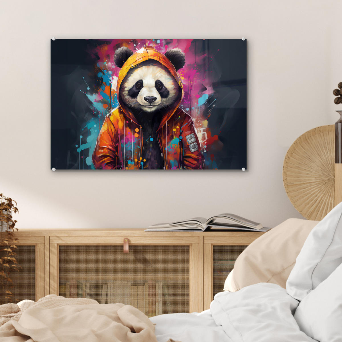 ACRYLGLASBILD Panda - Jacke - Graffiti - Orange 60x40 cm - Orange, Glas (60/40cm) - MuchoWow