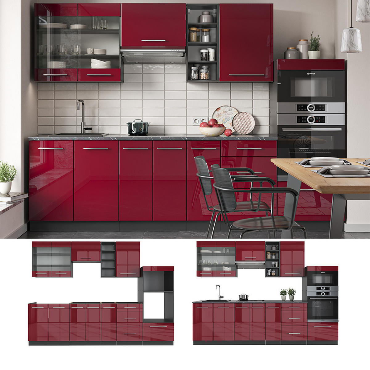 KÜCHENZEILE Fame-Line Bordeaux Hochglanz/Anthrazit 280 cm ohne AP - Bordeaux/Anthrazit, Holzwerkstoff (280/81.6/46cm) - Vicco