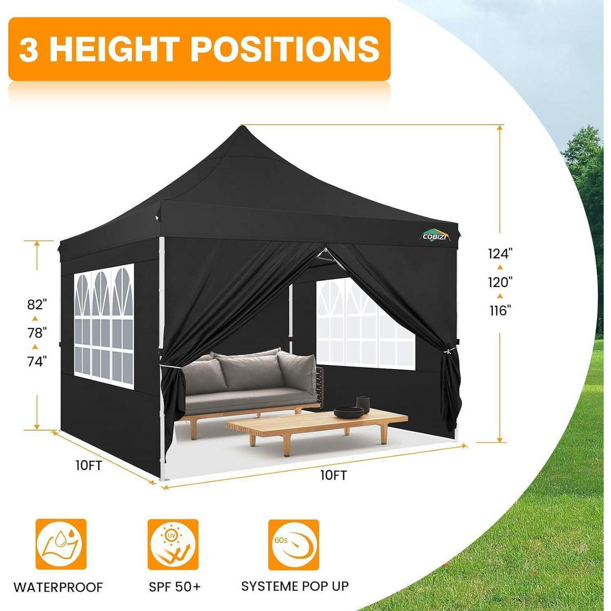 FALTPAVILLON 3x3m mit 4 Seitenwänden Schwarz - Schwarz, Textil (299.7/315/299.7cm)