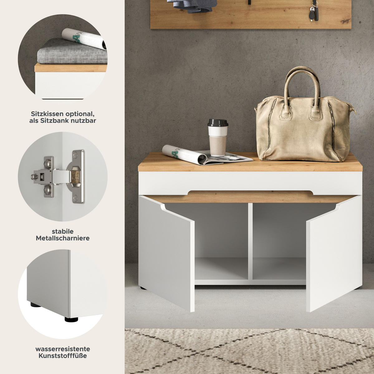 SITZBANK Nova Garderobe in Basalt grau Nachbildung und Artisan Nachbildung B/H/T: 80x45x37 cm - Weiß, Holzwerkstoff (80/45/37cm) - Homes & Jones