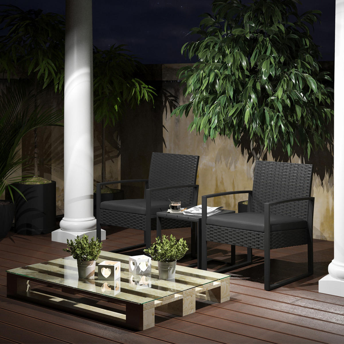 GARTENMÖBEL-SET Anthrazit 3 Teile, mit Tisch - Anthrazit, Kunststoff - OK-Living