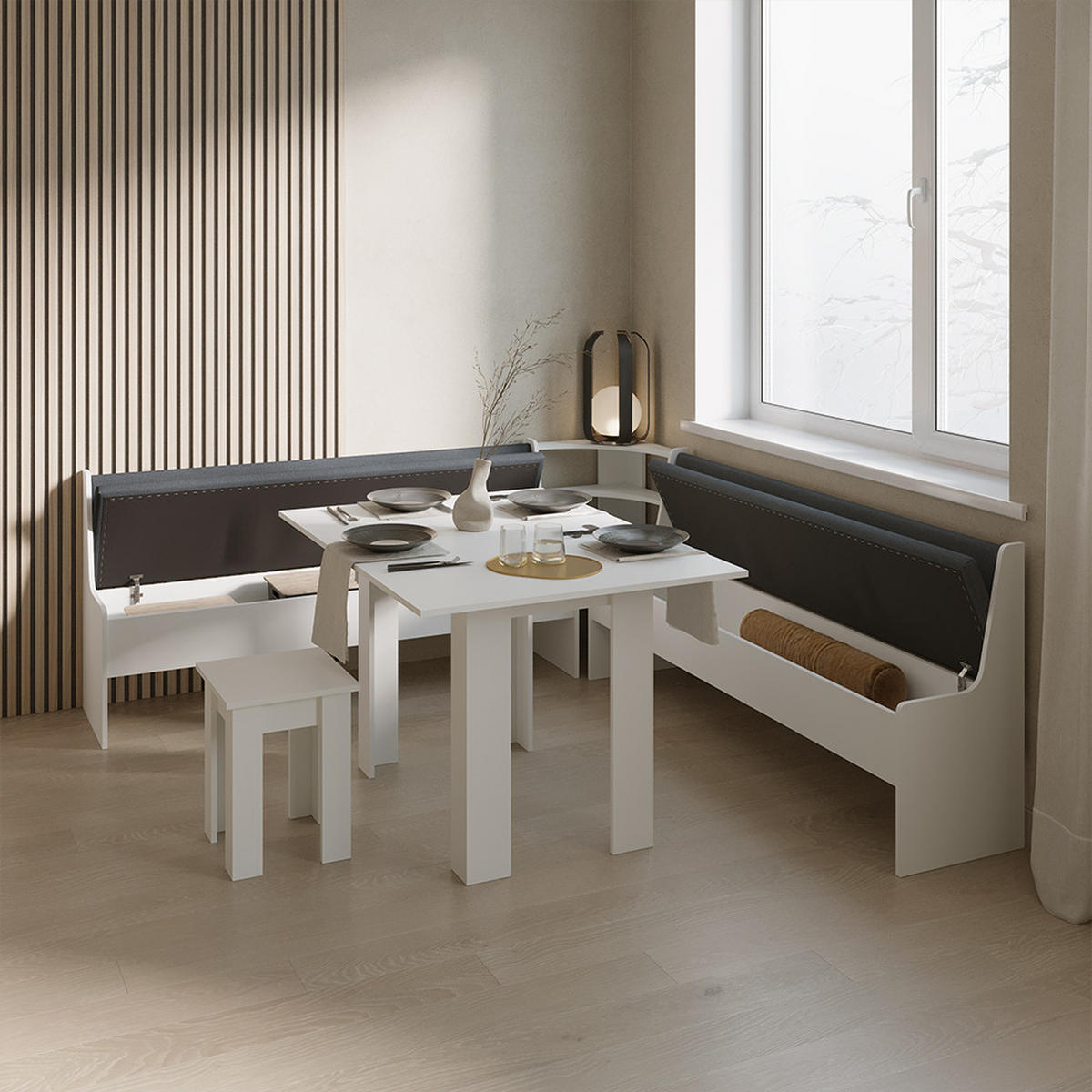 ECKBANKGRUPPE Tiberio Weiß 210 x 210 cm mit Tisch - Weiß, Holzwerkstoff (210/80/210cm) - Livinity®