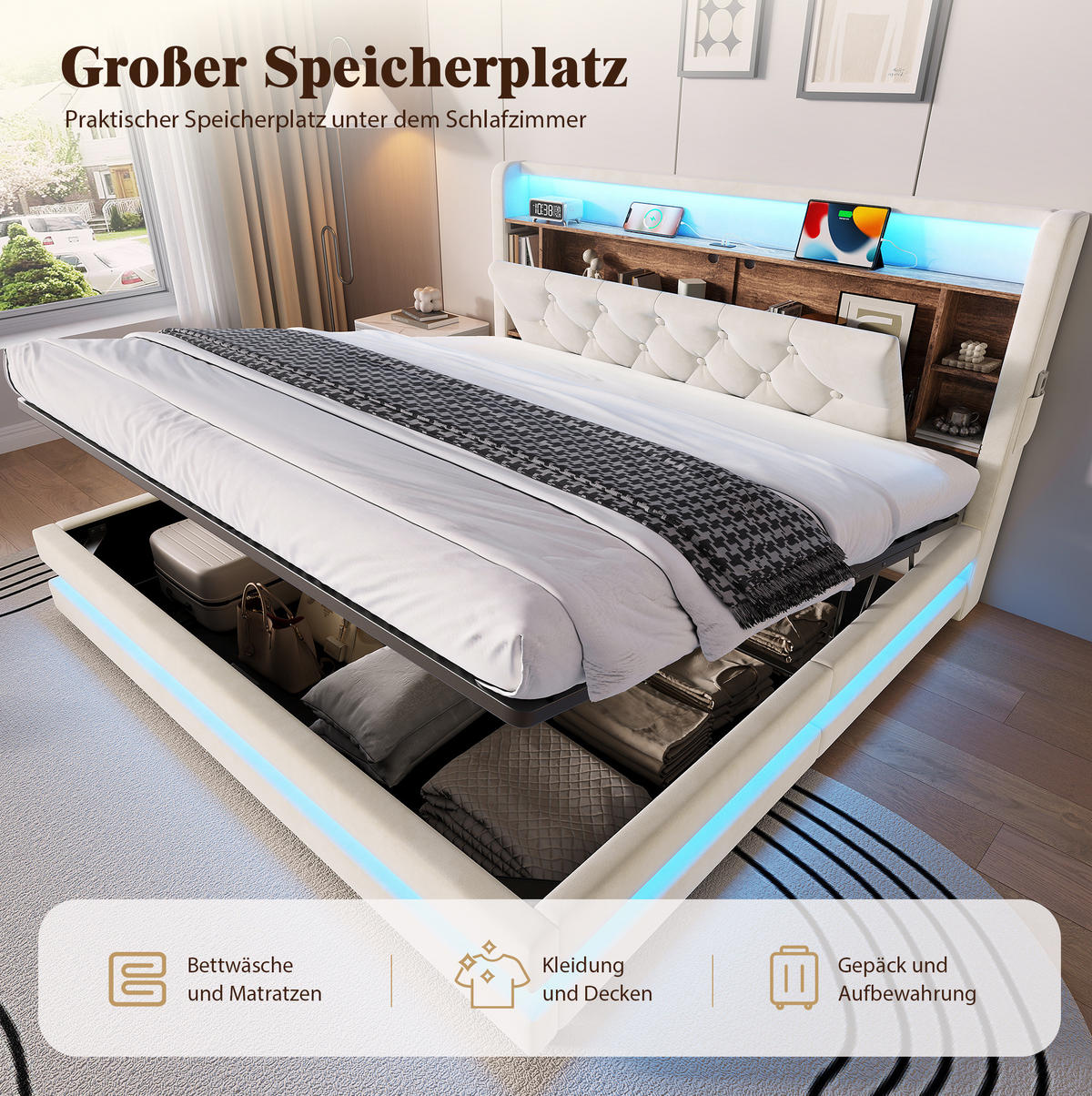 POLSTERBETT aus Samt 160x200 cm Beige mit Bettkasten, LED-Beleuchtung, USB- und Type-C-Anschlüssen - Beige, Textil (160/200cm) - Modfu