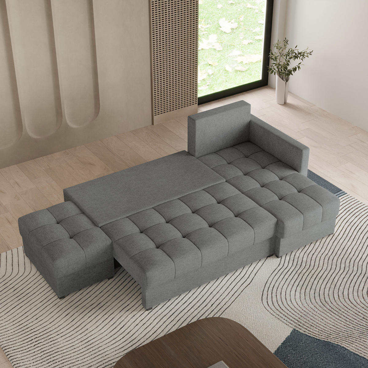 ECKSOFA LUMARI R-S Grau Plüsch-Stoff mit Schlaffunktion - Grau, Holz (262/143cm) - MASSENO