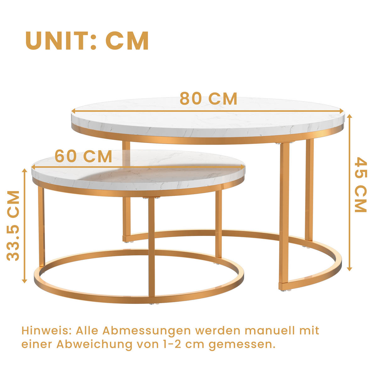 COUCHTISCH 2-teilig mit stabilem Eisenrahmen & leicht zu reinigende MDF-Tischplatte - Weiß, Holzwerkstoff (80/80/45cm) - OKWISH