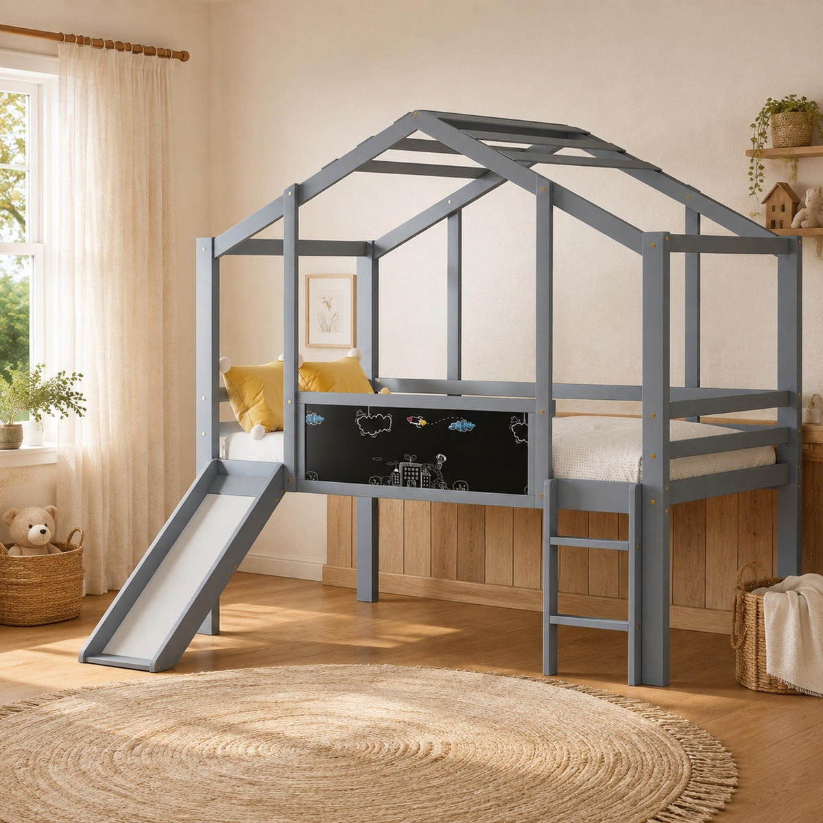 HOCHBETT 90/200 mit Sicherheitsleiter Rutsche und Graffiti-Tafel in Grau - Grau, Holz/Holzwerkstoff (90/200cm) - EVRYAE