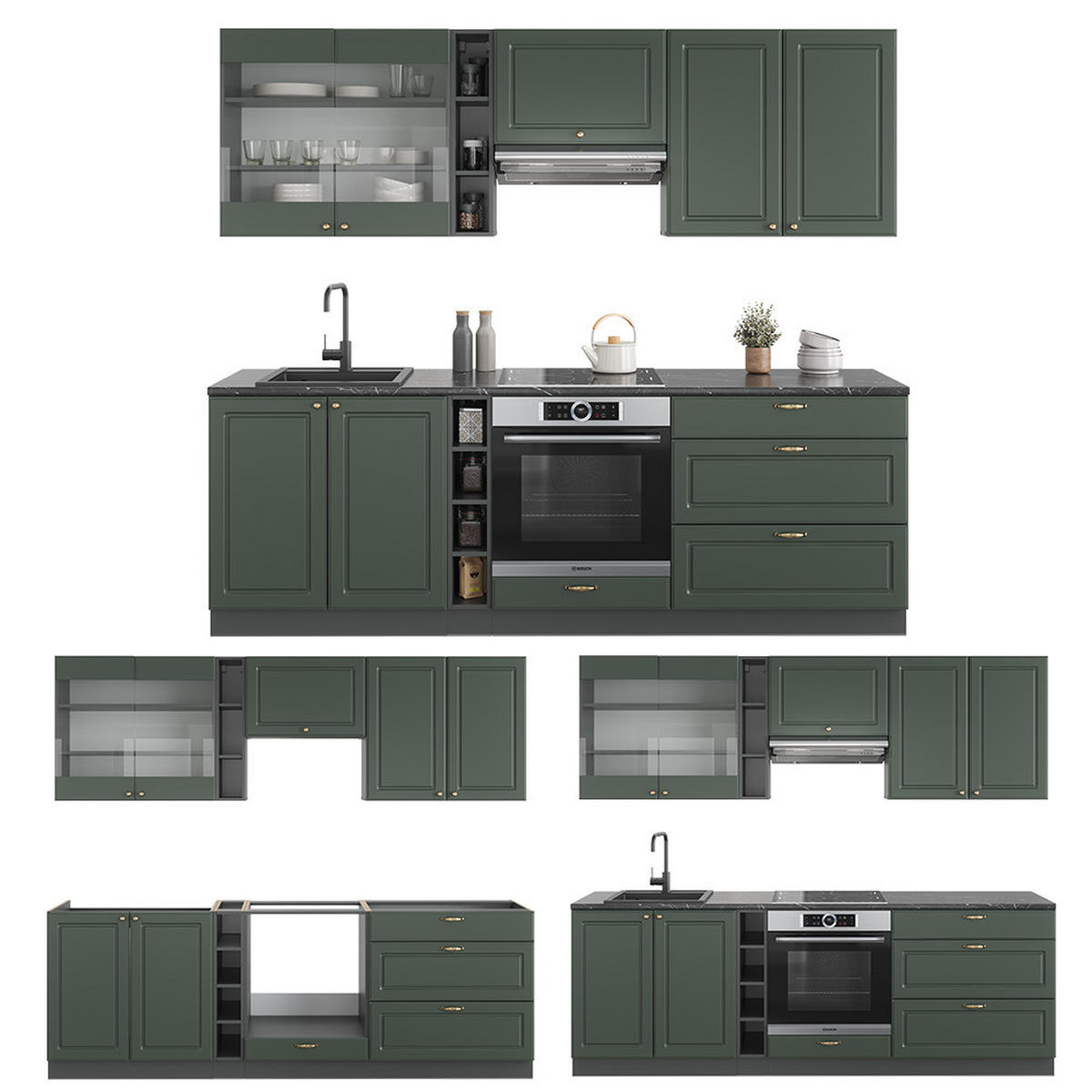 KÜCHENZEILE Fame-Line Grün-Gold Landhaus/Anthrazit 235 cm ohne AP - Anthrazit/Grün, Holzwerkstoff (235/81.6/46cm) - Vicco