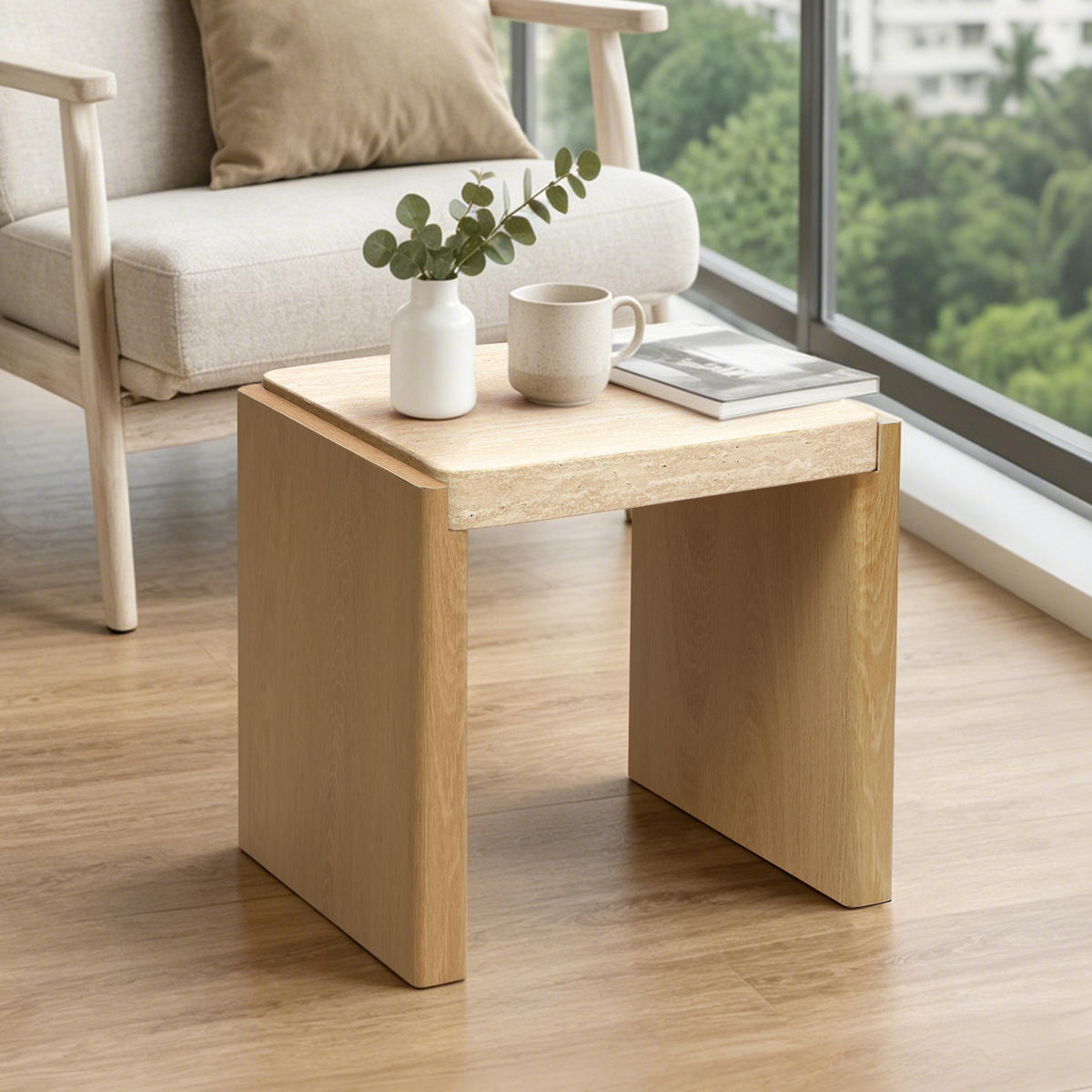 COUCHTISCH Holz mit Travertin-Optik, 49 × 40 × 46 cm - Braun, Holzwerkstoff (40/49/46cm) - Hometopia
