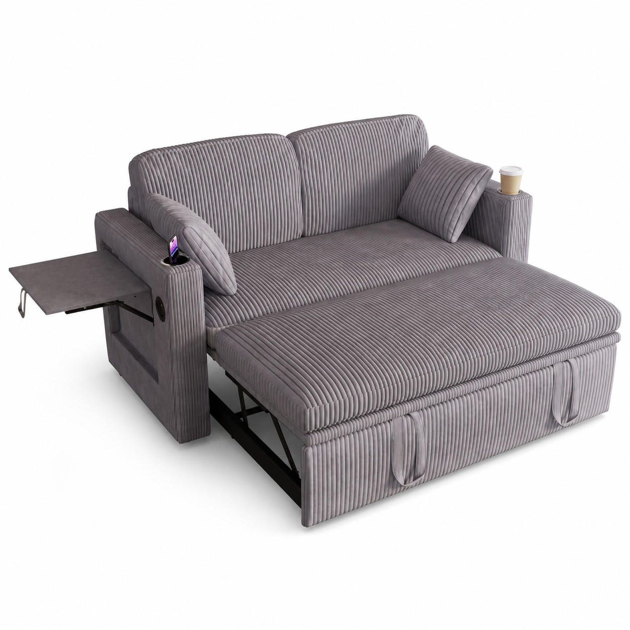 2-SITZER SCHLAFSOFA Cord Grau mit Bettkasten, USB und Type-C - Grau, Textil (145/85.5/132cm) - WISHDOR