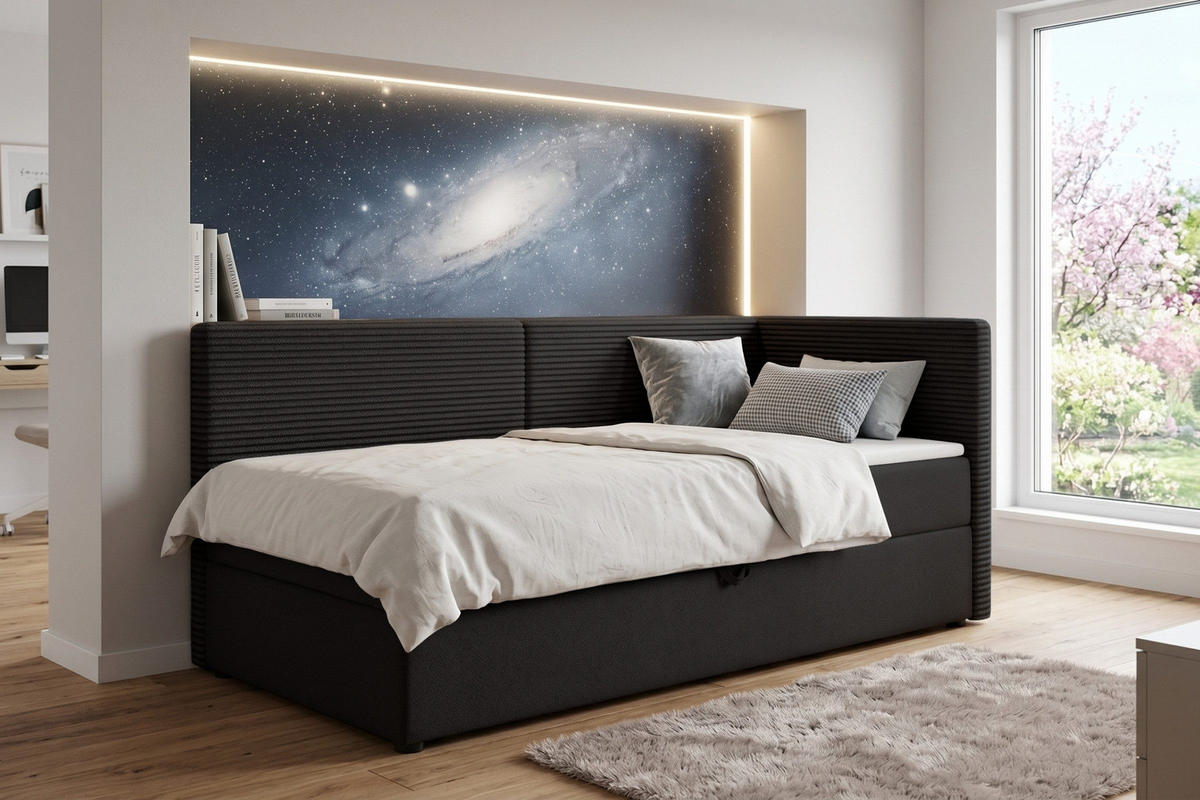 BOXBETT MILA 90/200 in Cord/Velours Schwarz H4 rechts - Schwarz, Holz/Holzwerkstoff (90/200cm) - Deine Möbel 24
