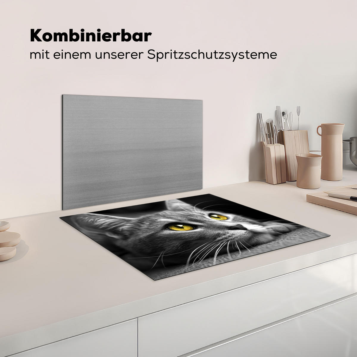 KRYT NA INDUKČNÍ DESKU Kočka - Grey - Zvířata - Cat 65x52 cm - šedá, plast (65/52/0.2cm) - MuchoWow