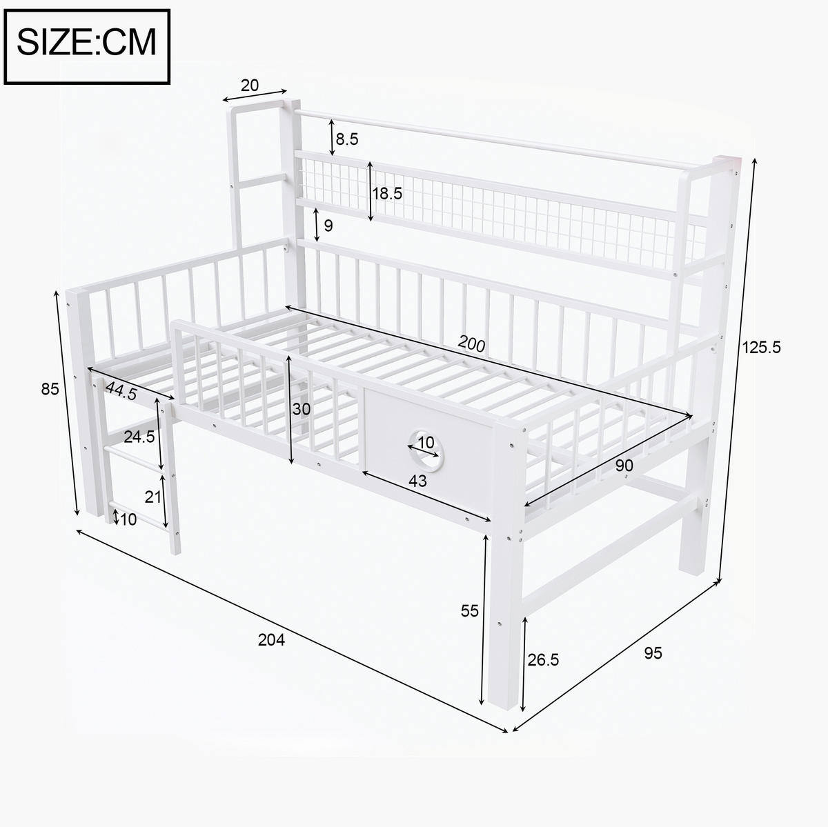 KINDERBETT 90/200 cm aus Metall mit Stauraum und Kleiderstange - Weiß, Metall (90/200cm) - Flora Grace