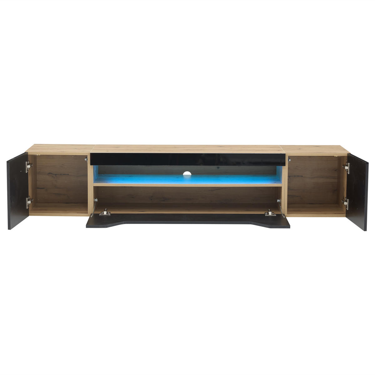 TV-LOWBOARD aus Spanplatte 180x37x36 cm Schwarz/Natur mit LED-Beleuchtung, wandmontiert und Hochglanzfront - Schwarz, Holzwerkstoff (180/36/37cm) - Modfu