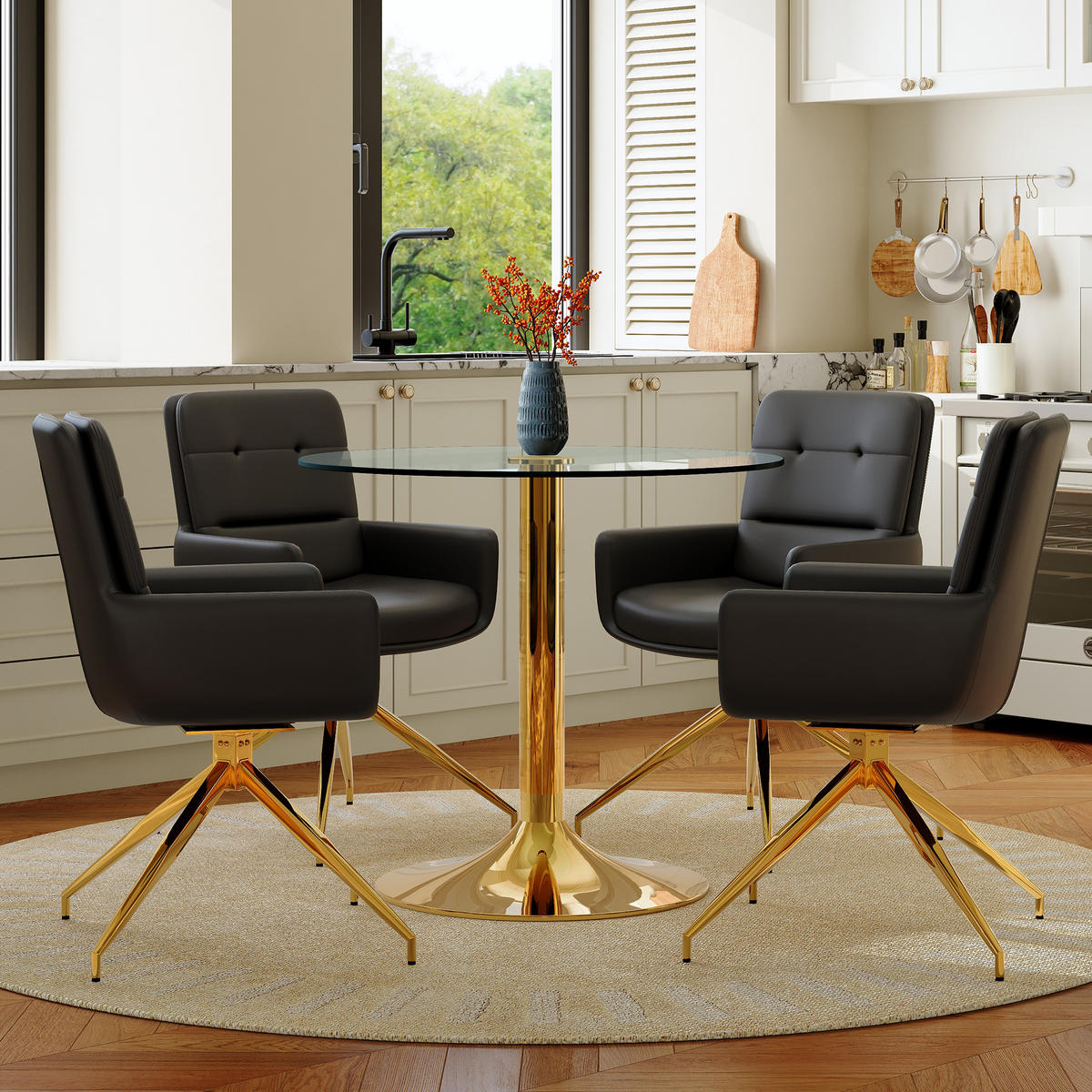 ESSGRUPPE DE-39476 5-teilig, Glastisch und 4 Drehstühlen mit Knopfverzierung Schwarz - Schwarz, Metall (85/75/85cm) - ComfortXL