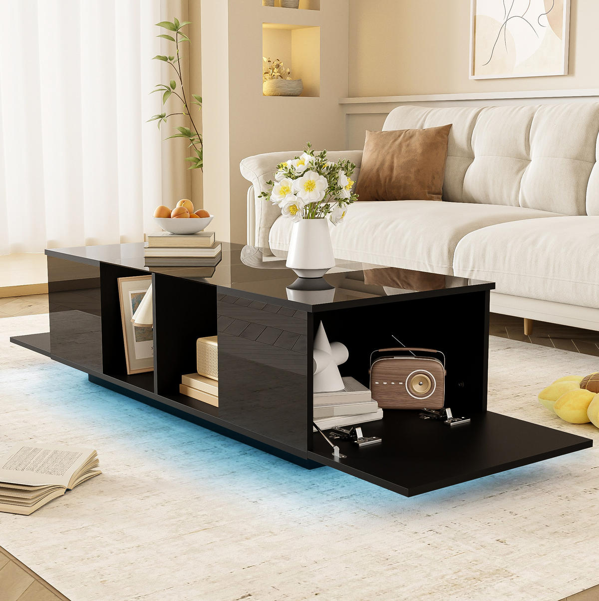 COUCHTISCH, Hochglanz/Matt mit Glasplatte und steuerbarer LED, 120/50/38,5 cm, Schwarz - Schwarz, Holzwerkstoff (120/50/38.5cm) - Redom