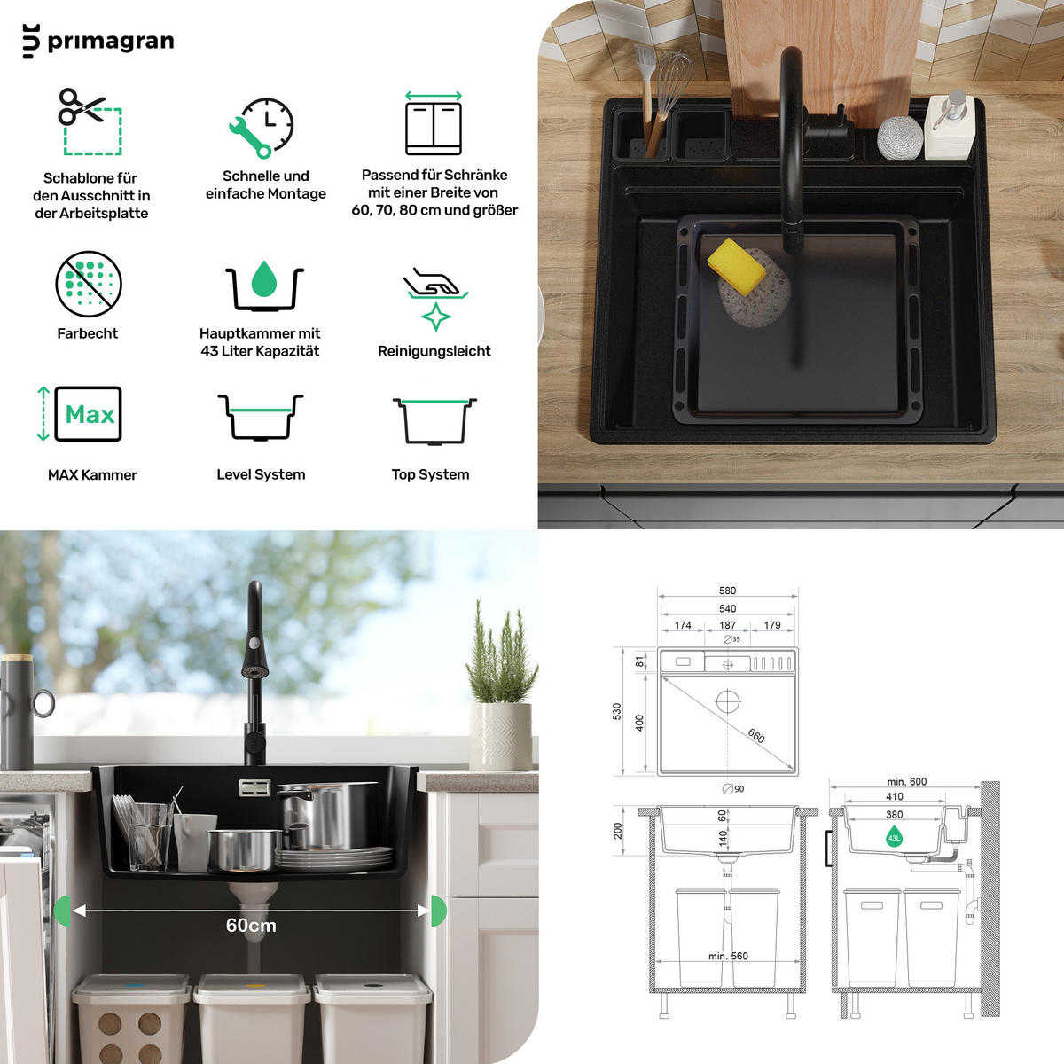 GRANITSPÜLE New York, 2-er set Weiß 58/53 cm 1 Becken + Küchenarmatur 40/20 cm + Ablauf-Set + Küchenzubehörset ab 60er Unterschrank - Chromfarben/Beige, Kunststoff (58/20/53cm) - Primagran