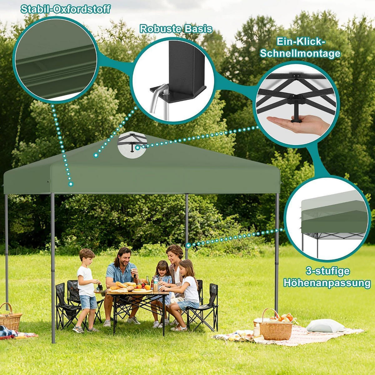 FALTPAVILLON 3x3 m Grün mit One-Touch Lift - Grün, Textil (300/260/300cm)