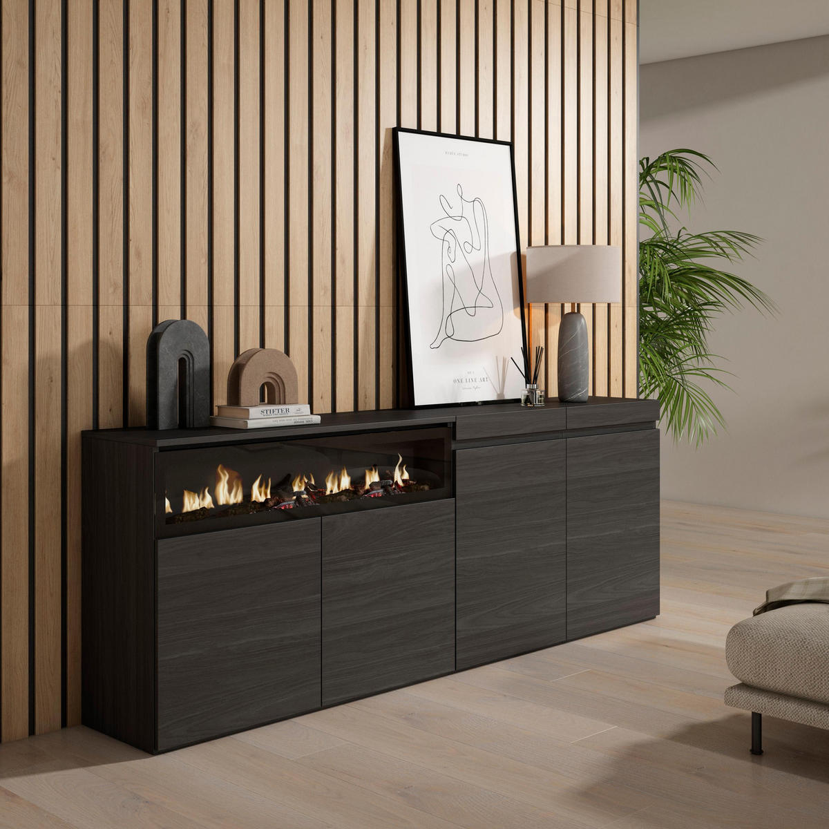 SIDEBOARD Elektrokamin, schwarz, 200/35/75cm - Schwarz, Holzwerkstoff (200/75/35cm) - Skraut Home