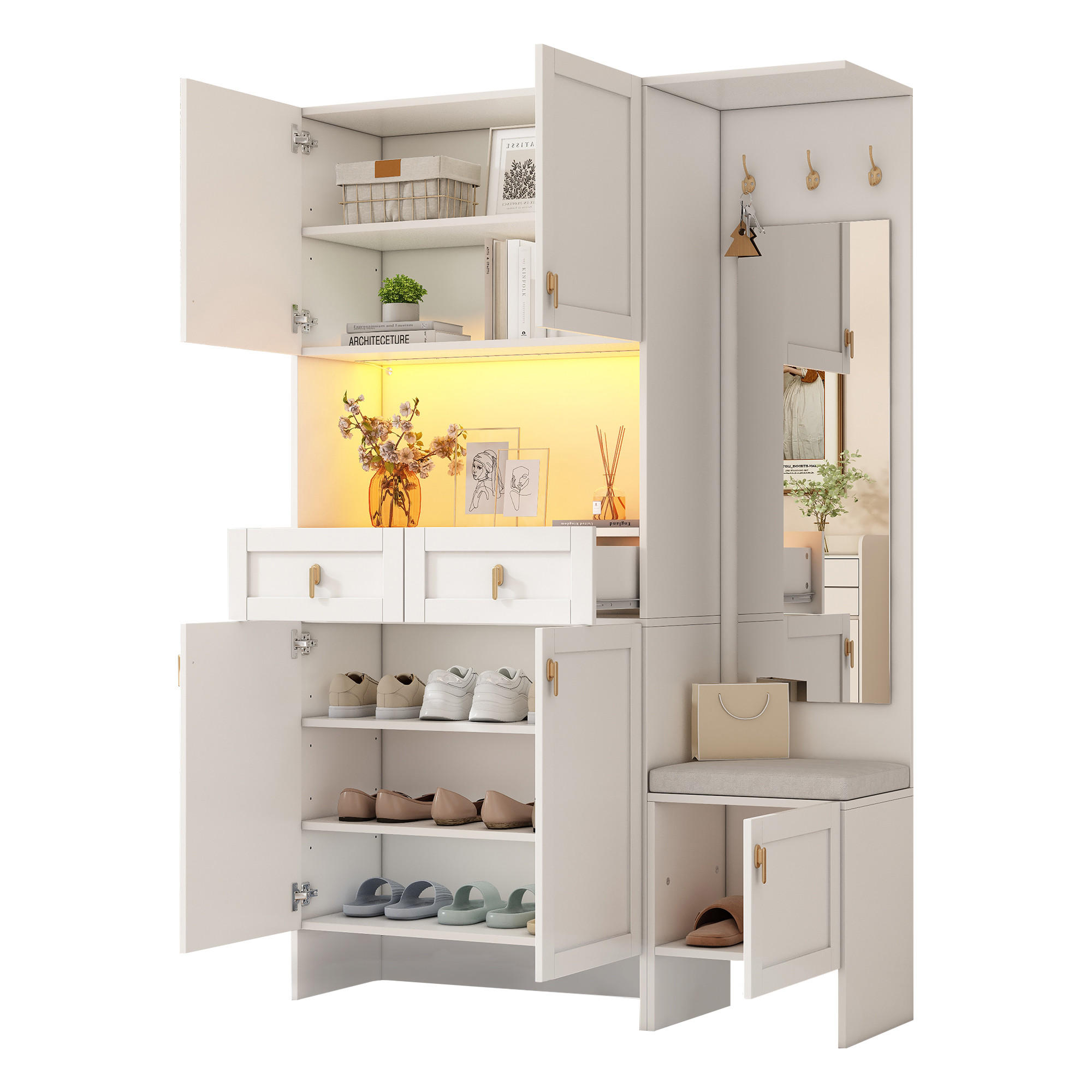 GARDEROBENSET Wand mit Schuhbank Weiß 120x33.5x180cm 3 Haken - Weiß, Holzwerkstoff (33.5/180/120cm) - FLIEKS