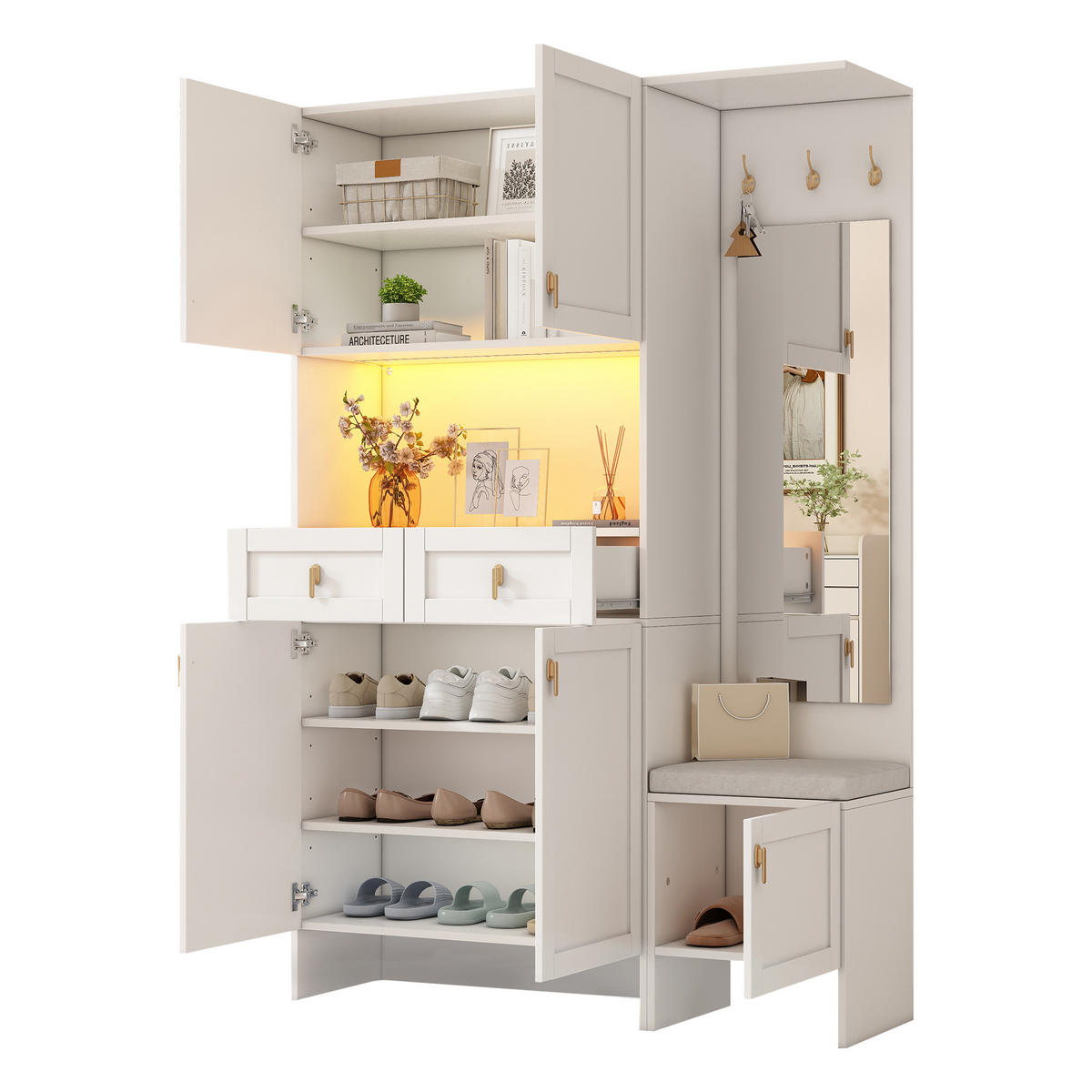 GARDEROBENSET Wand mit Schuhbank Weiß 120x33.5x180cm 3 Haken - Weiß, Holzwerkstoff (33.5/180/120cm) - FLIEKS