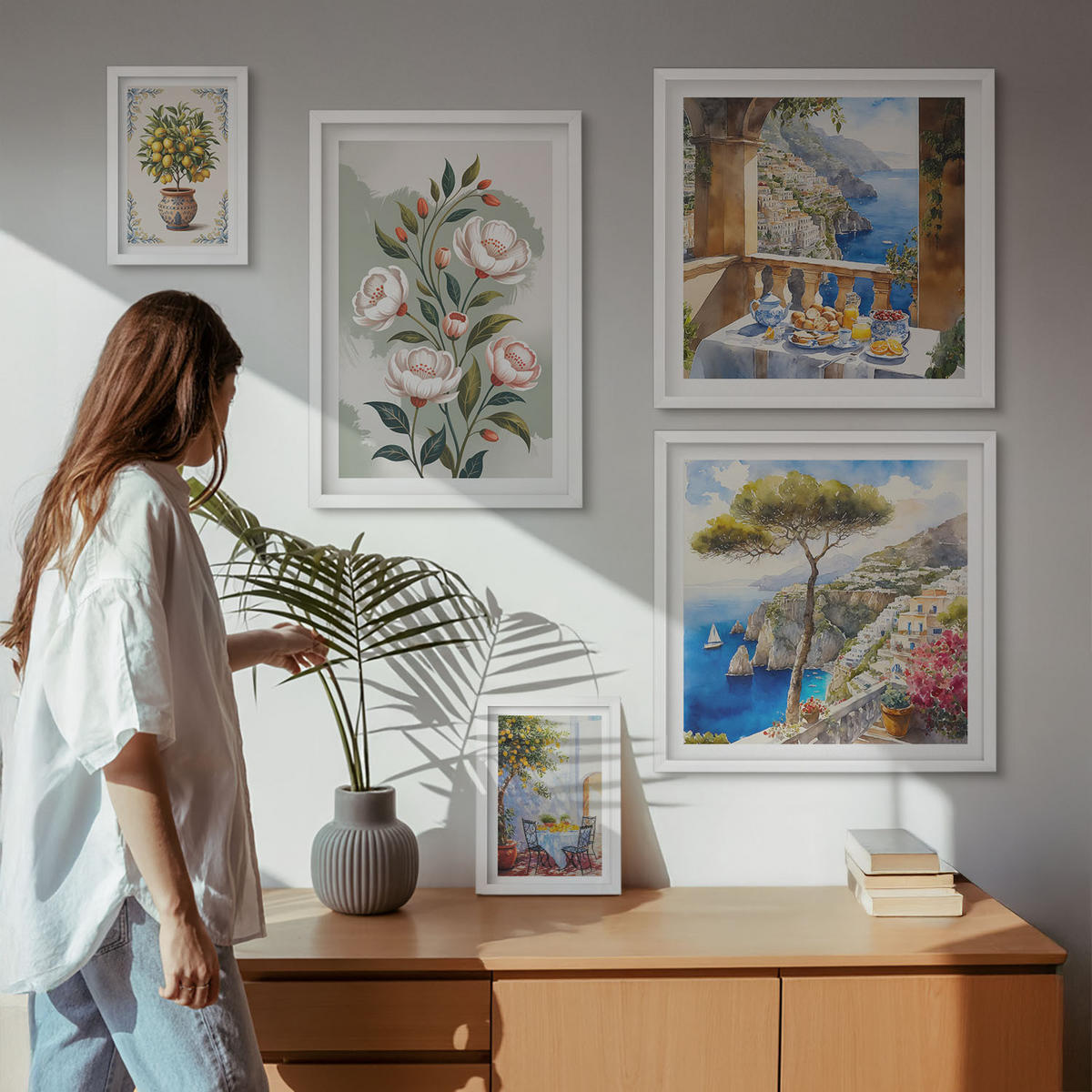 BILDER SET 5er Set - 50x50 cm & 20x30 cm & 40x60 cm Weißer Rahmen - Blick auf das Meer aus Zitronenbäumen - Weiß, Kunststoff (40/60cm) - TULUP