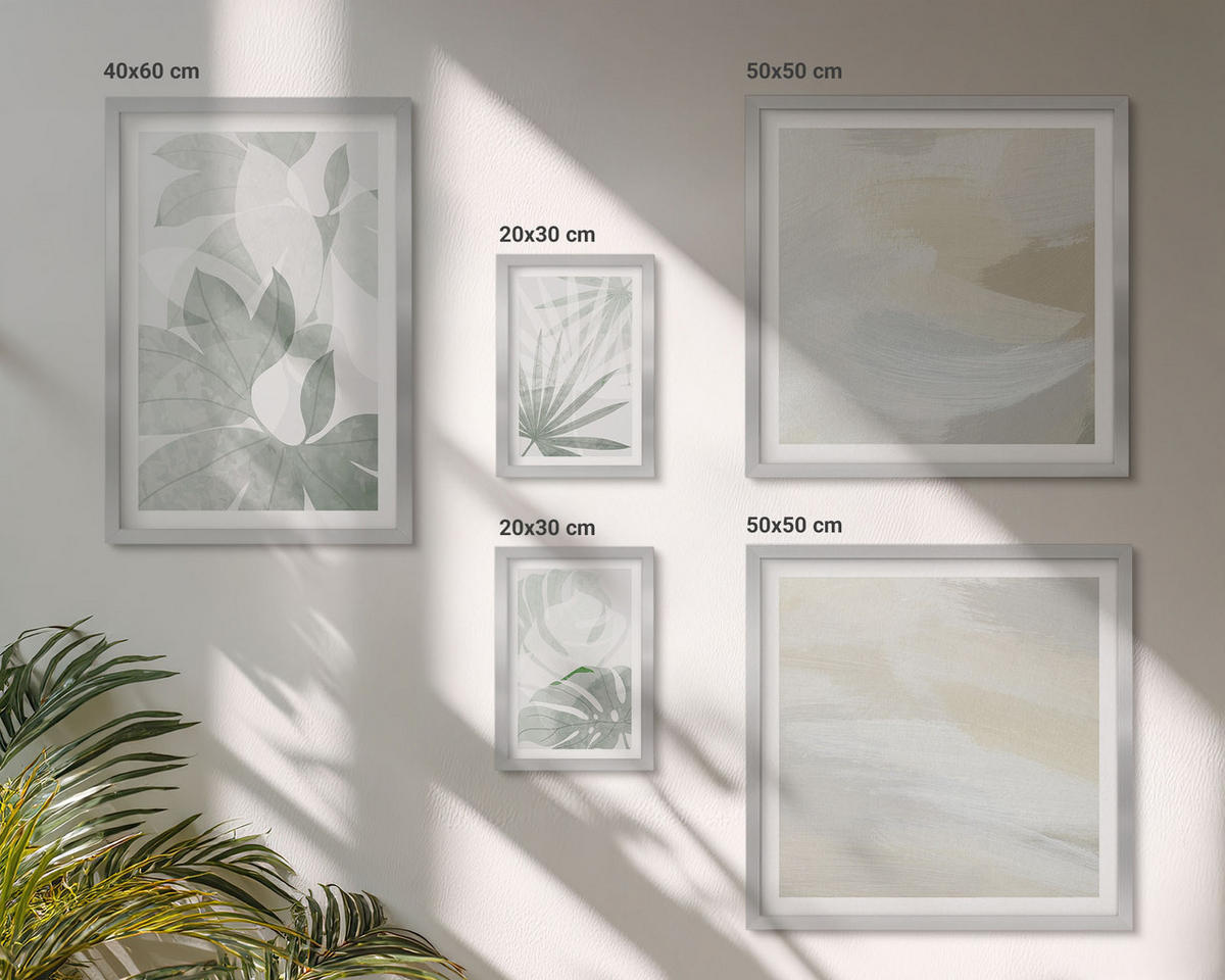 BILDER SET 5er Set - 50x50 cm & 20x30 cm & 40x60 cm Silberner Rahmen - Die Blätter der Pflanzen sind grünlich-grau. - Silberfarben, Kunststoff (40/60cm) - TULUP