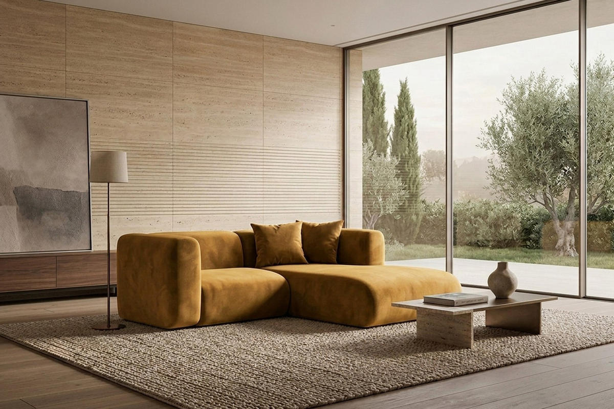 ECKSOFA L-Form mini, Velvet-Stoff Bluvel, Golden, Rechts, GRETA - Goldfarben, Holz (226/179cm) - Kaiser Möbel