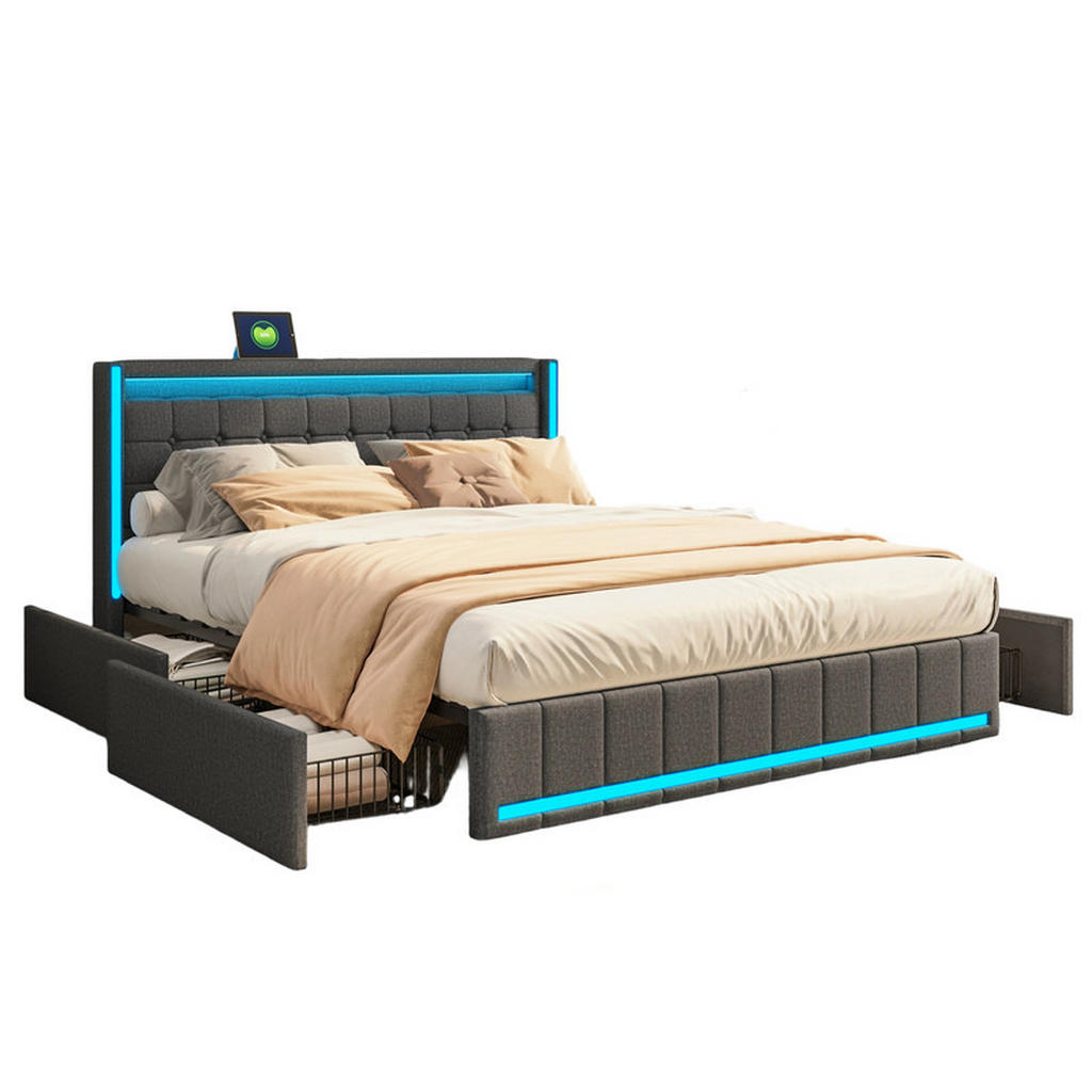 SHOPENTRA ČALOUNĚNÁ postel 140x190 cm tmavě šedá lněná LED USB 4 zásuvky