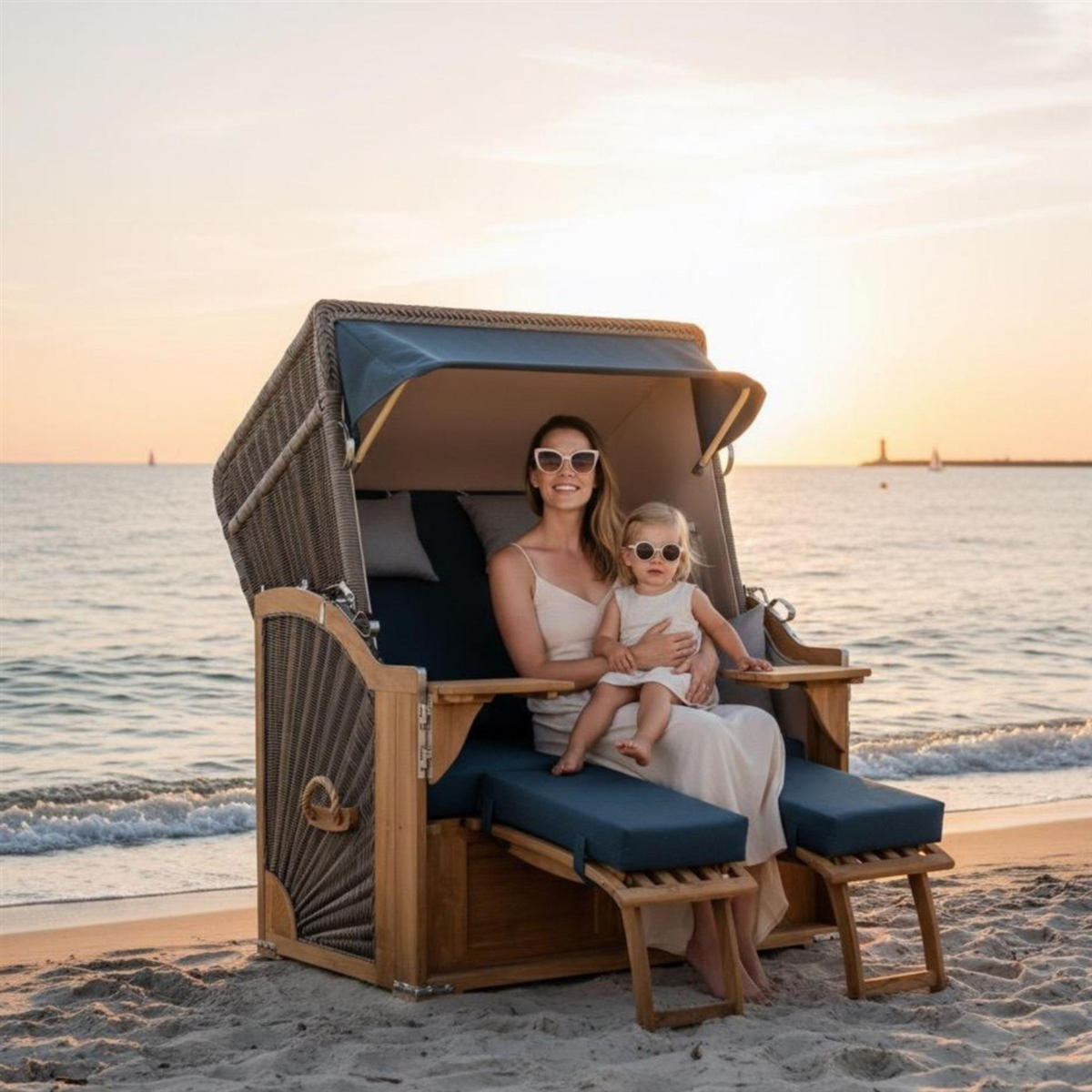 STRANDKORB SEEBLICK 2 Sitzer Teak - Blau/Braun, Metall (125/170/80cm) - Mr. Deko