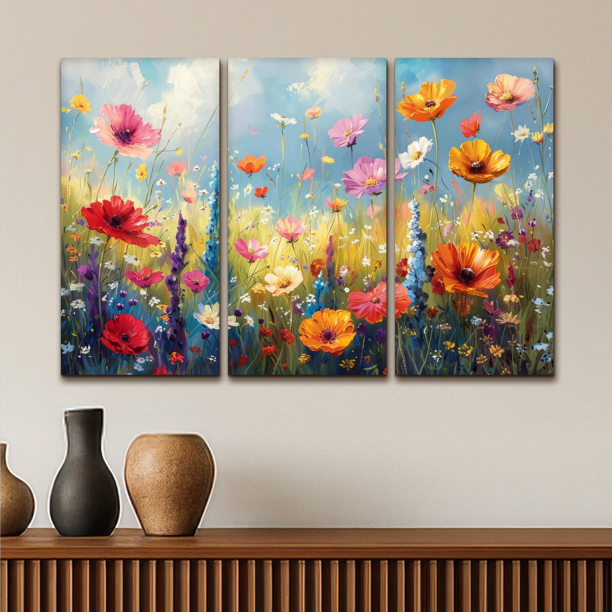 LEINWANDBILD 3er Set Blumen - Frühling - Farbenfroh - Sommerlich 90x60 cm - Orange, Textil (90/60cm) - MuchoWow