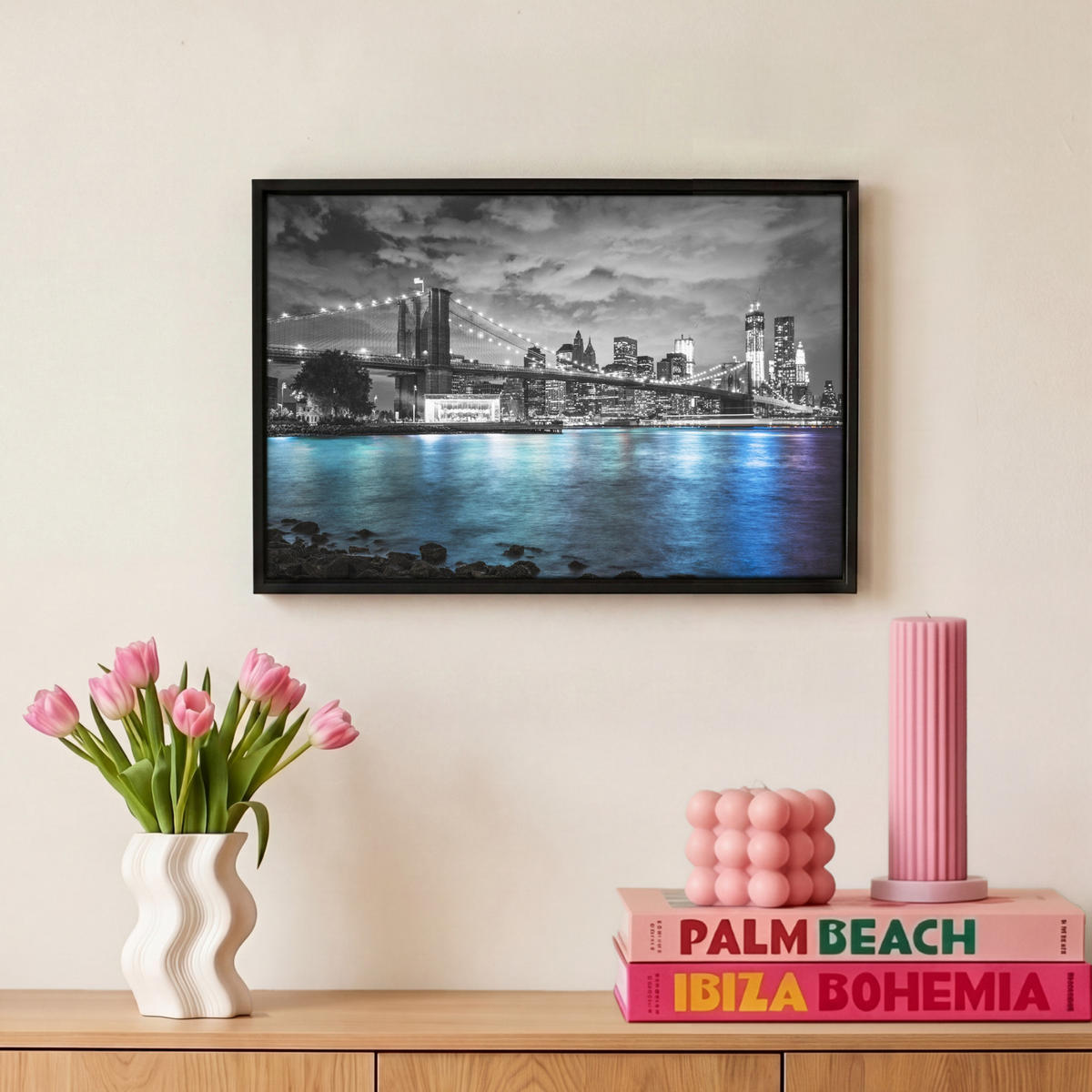 LEINWAND Bilder mit Rahmen - New York - Skyline - Stadt - Blau - 30x20 - Blaugrau, Textil (30/20cm) - MuchoWow