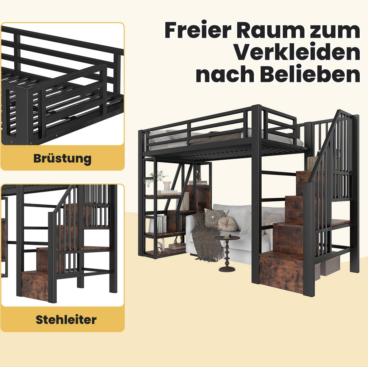 HOCHBETT 254/95,5/160 cm aus Metall und MDF mit LED-Lichtleiste und Stauraumtreppe Schwarz - Schwarz, Holzwerkstoff (90/200cm) - Modenvie