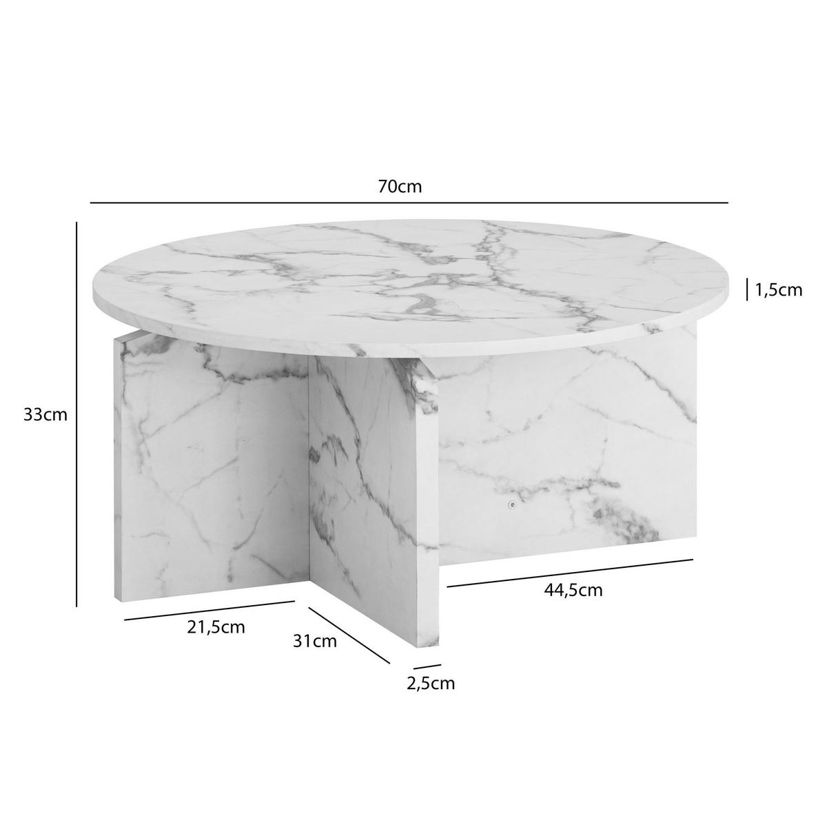 COUCHTISCH rund in Stein-Optik – modernes Design in Großformat, Weiß 70x70x33 cm - Weiß, Holzwerkstoff (70/70/33cm) - KADIMA DESIGN