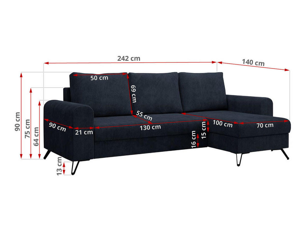 ECKSOFA Hugo Cord Dunkelblau - Schwarz/Dunkelblau, Textil/Metall (242/140cm) - MKS