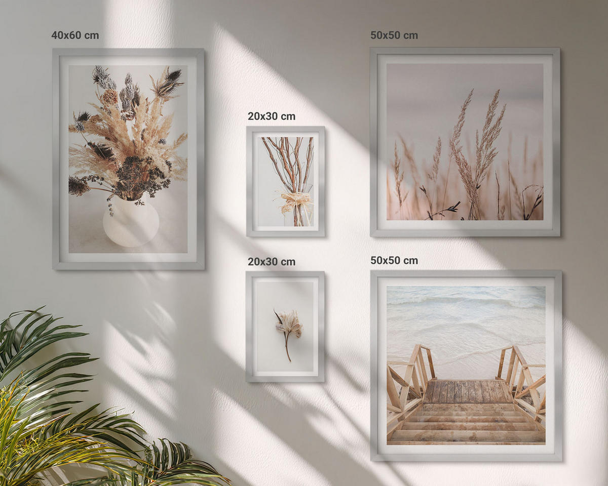 BILDER SET 5er Set - 50x50 cm & 20x30 cm & 40x60 cm Silberner Rahmen - Blumenzweige Minimalismus Natur - Silberfarben, Kunststoff (40/60cm) - TULUP