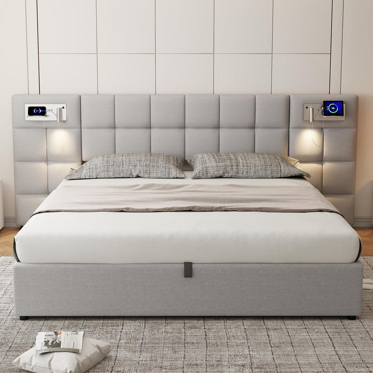 POLSTERBETT mit Bettkasten 180/200 cm mit USB, Wireless Charging und LED - Grau, Textil (180/200cm) - BEAOK