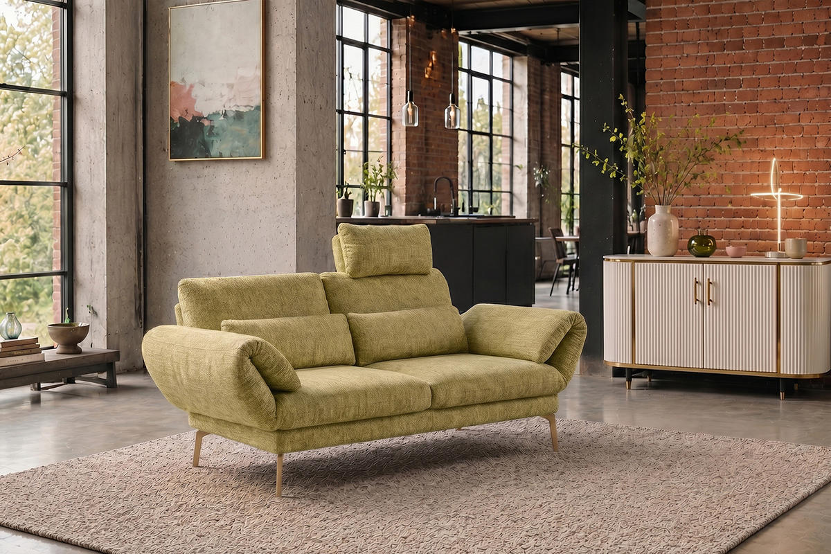 SOFA HOLLY Grün Flachgewebe - Braun/Grün, Textil/Metall (176/90/92cm) - KAWOLA