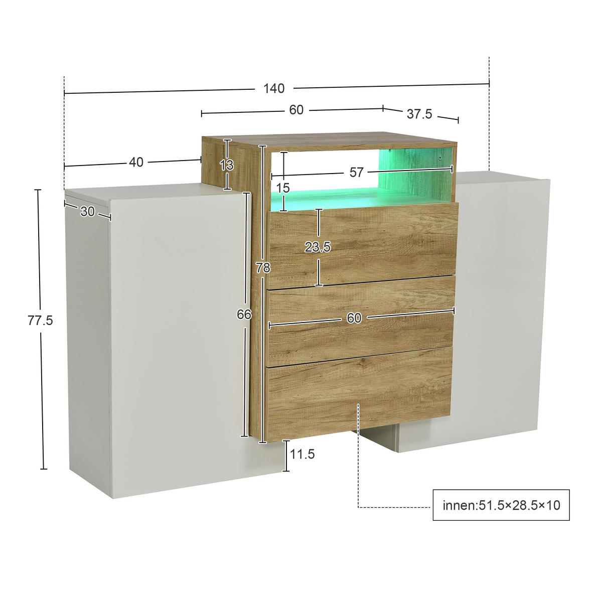 SIDEBOARD in Weiß Kommode mit LED-Lichteffekte für Wohnzimmer und Schlafzimmer, B140/T30/H77.5 cm - Weiß/Naturfarben, Holzwerkstoff/Metall (140/90.5/30cm) - STILVORA