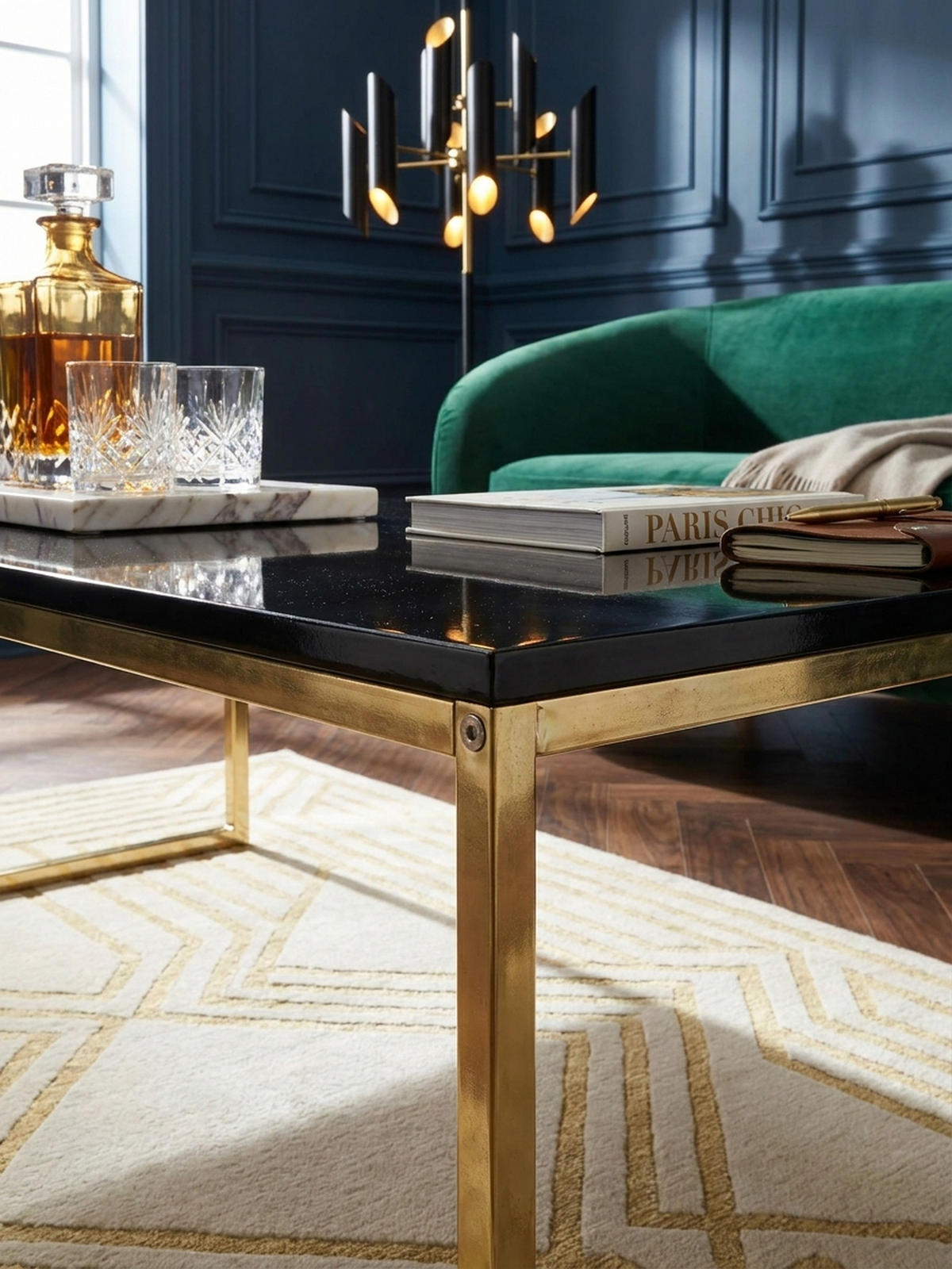 COUCHTISCH RIVA, Schwarz, Metall und Holz, Filigrane Beine, Maße 120x45x60 cm - Goldfarben/Schwarz, Holz/Metall (60/120/45cm) - KADIMA DESIGN