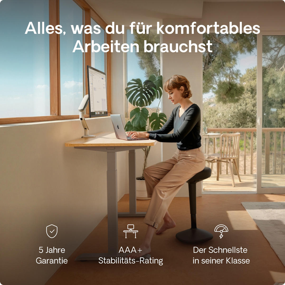 SCHREIBTISCH Elektrisch Höhenverstellbarer HomeOne 120x60cm Grau/Bambus mit Memory-Funktion, Anti-Kollisions Technologie - Hellgelb/Grau, Holz (60/120/72cm) - Desktronic