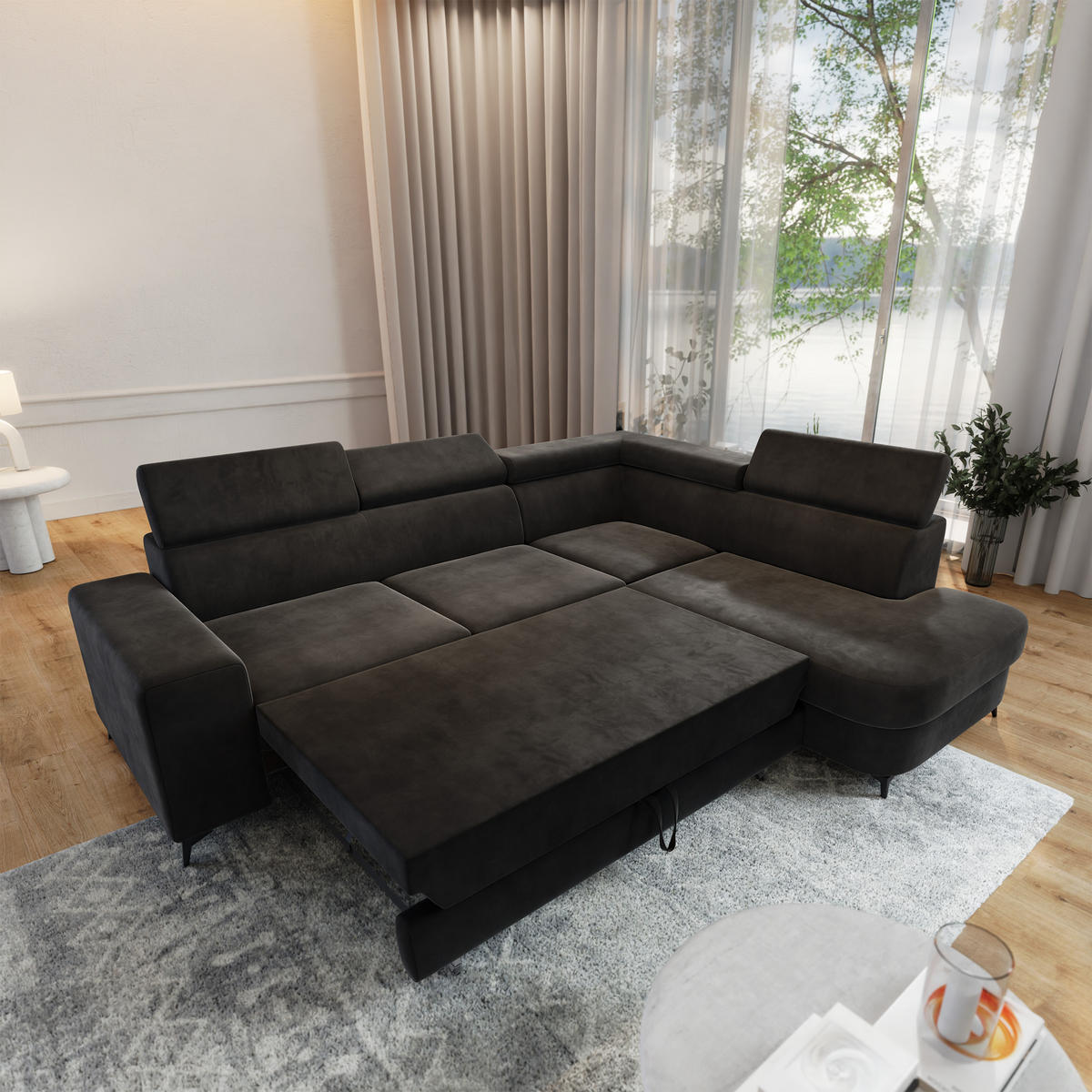 ECKSOFA ALVORO R-S Schwarz Velours-Stoff mit Schlaffunktion - Schwarz, Holz (253/190cm) - MASSENO