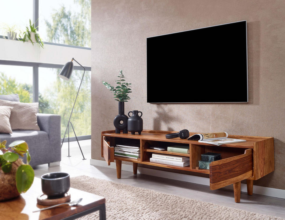 LOWBOARD Massivholz Landhausstil für 60-Zoll Fernseher mit Stauraum und Schutzlackversiegelung - Braun, Holz (145/43/35cm) - KADIMA DESIGN
