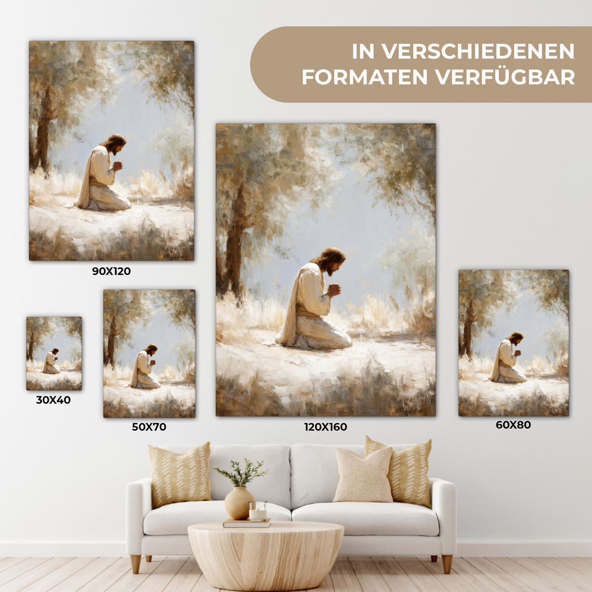 LEINWANDBILD Jesus - Kniend - Waldlandschaft - Betend Room Decor 30x40 cm - Beige/Hellblau, Textil (30/40cm) - MuchoWow