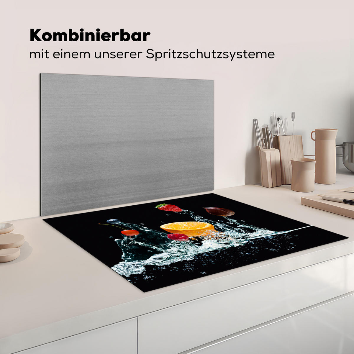 KRYT NA INDUKČNÍ DESKU Voda - Ovoce - Pomeranč - Jahoda - Třešeň - Černá 77x59 cm - pomerančová, plast (77/59/0.2cm) - MuchoWow