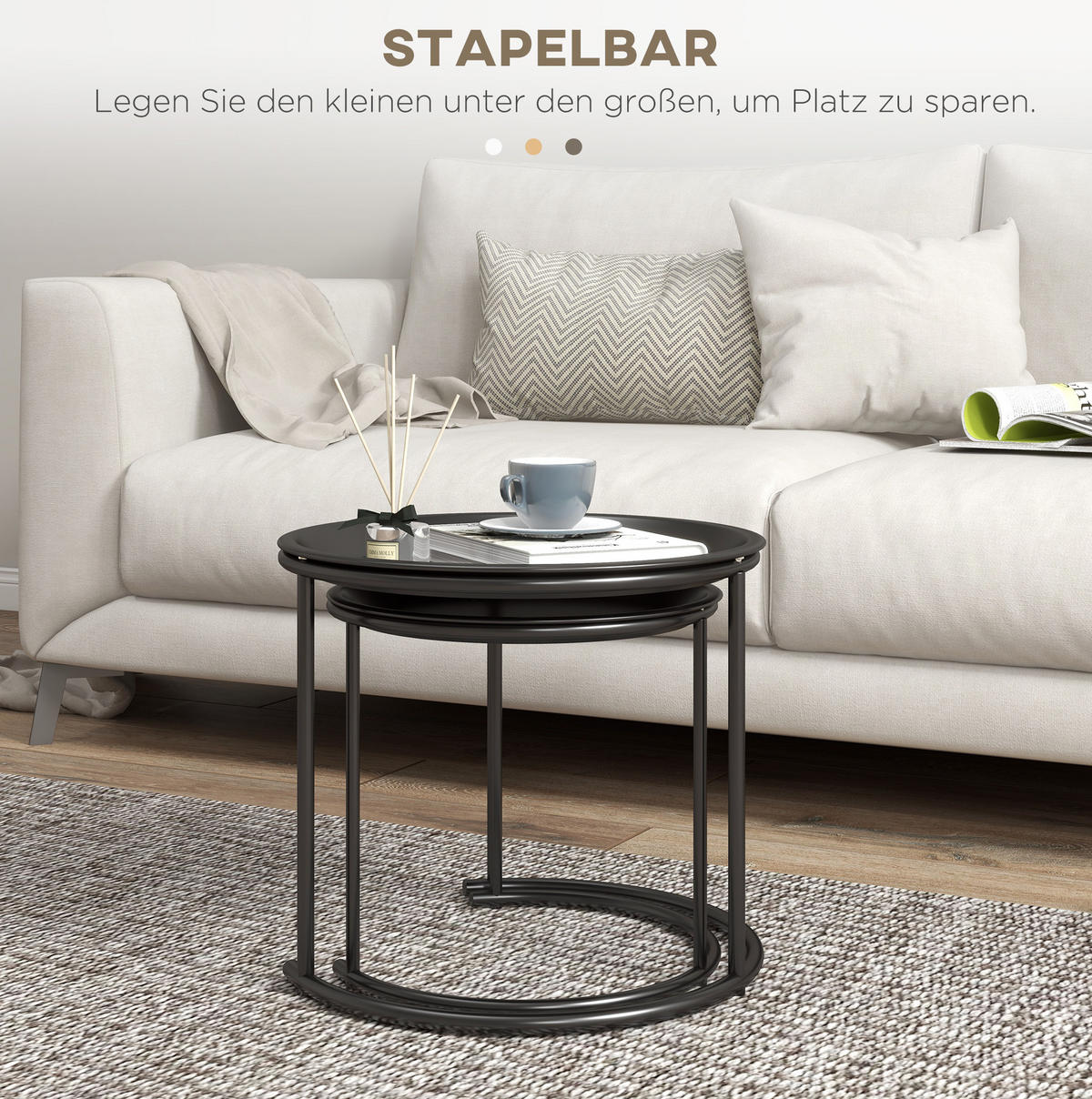 BEISTELLTISCH-SET 43/43/35 x 38/38/34 cm mit abnehmbaren Tabletts und stapelbarer Funktion, Schwarz - Schwarz, Metall (43/43/38cm) - Redom