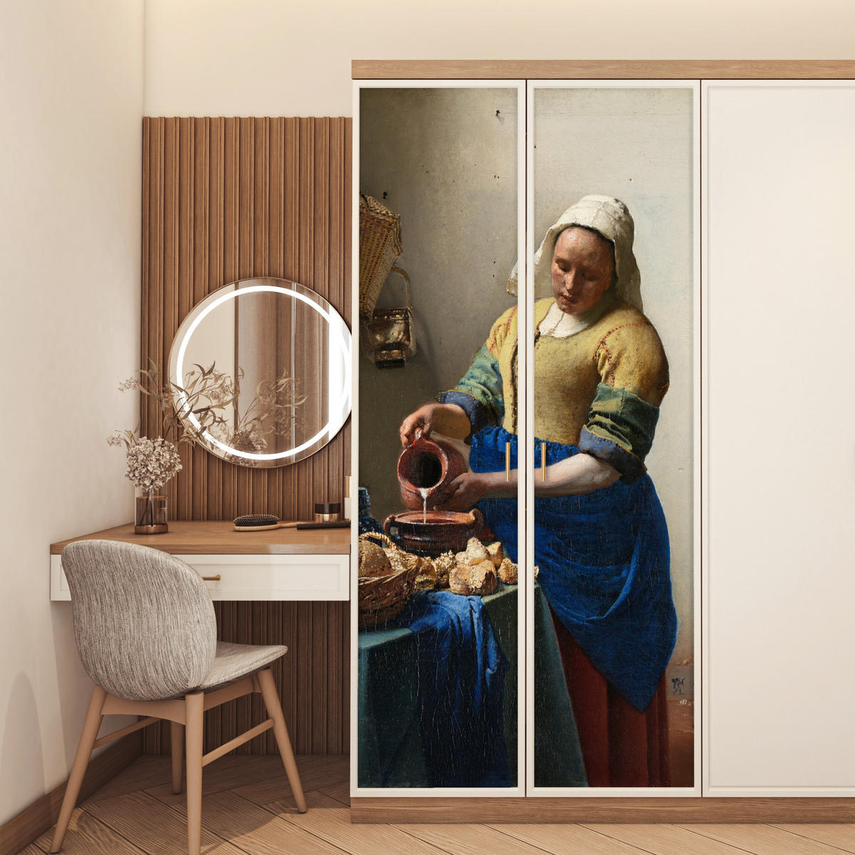 TÜRAUFKLEBER Das Milchmädchen - Johannes Vermeer Deko Schlafzimmer 95x215 cm - Türtapete - Dunkelblau, Kunststoff (95/0.1cm) - MuchoWow